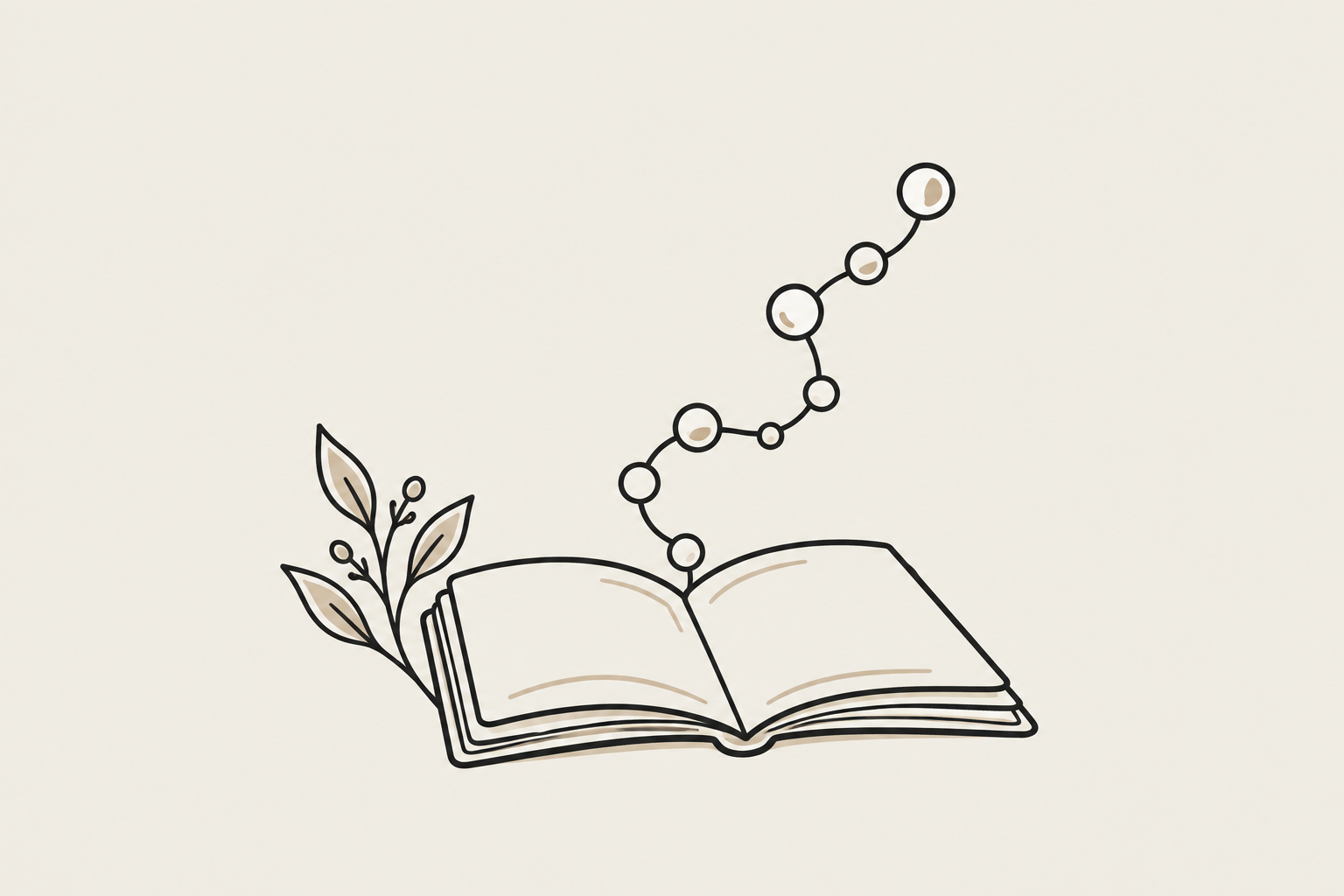 Charcoal line drawing of an open notebook, connected peptide chain, and botanical sprig