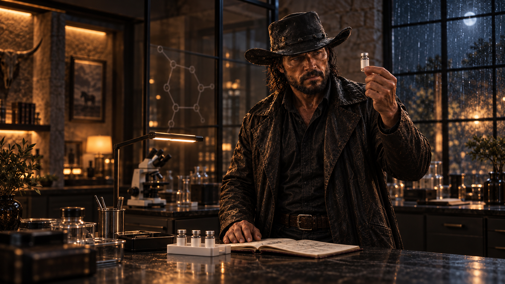 Cowboy examining a vial in a warmly lit laboratory with a microscope and open notebook