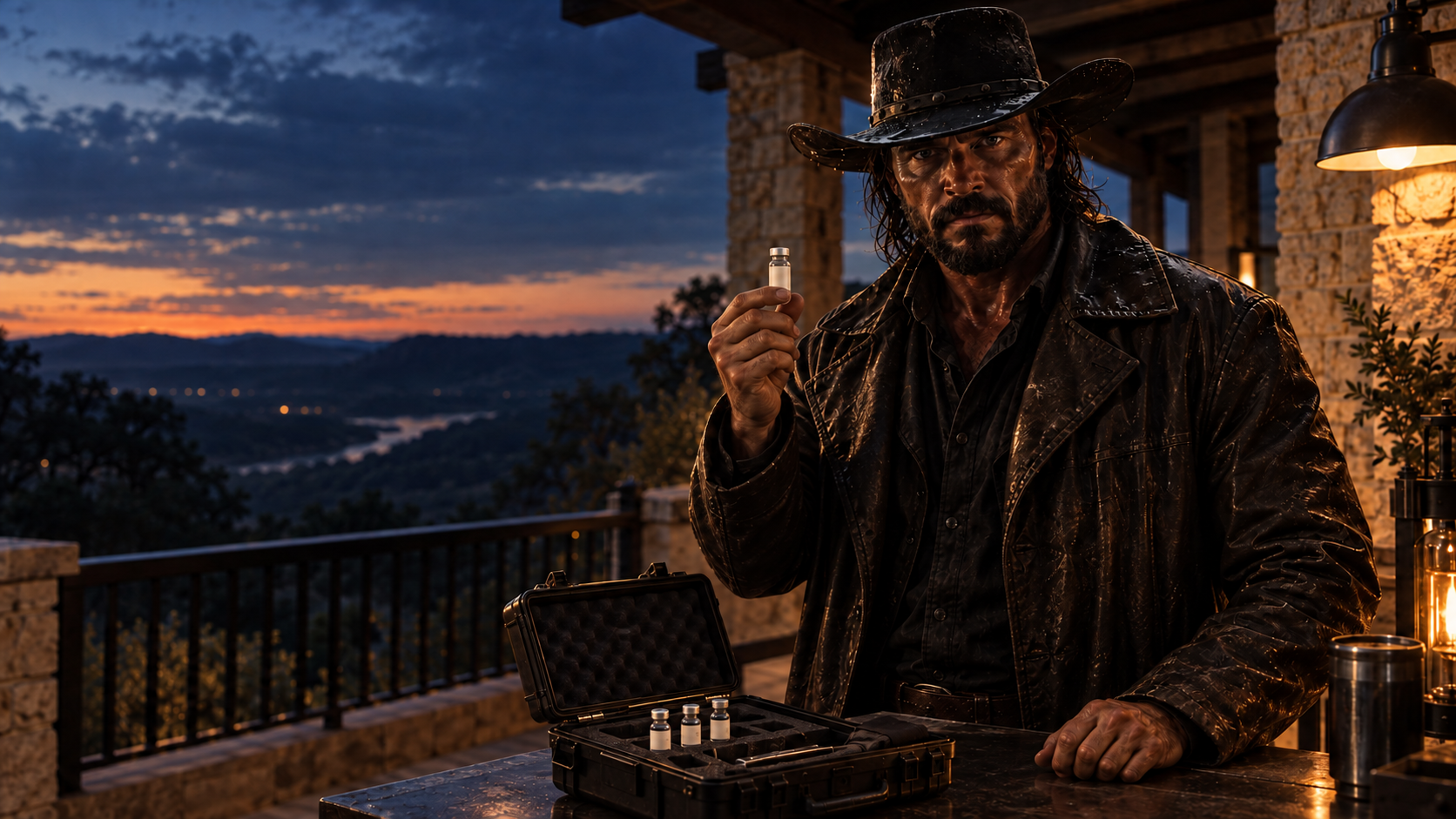 Serious cowboy holding up a vial on a Texas ranch porch at dusk