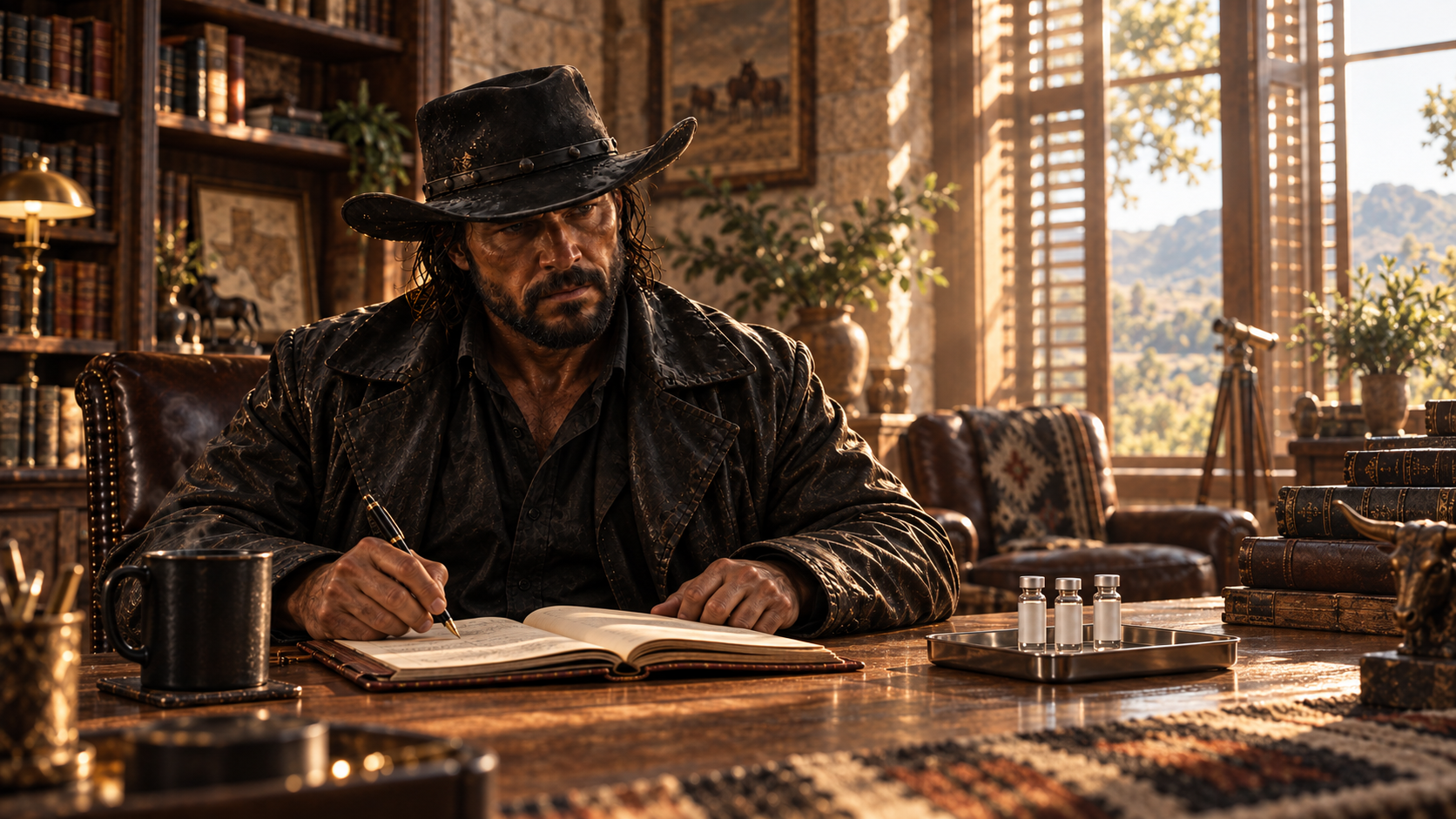 Cowboy writing in an open notebook beside a tray of vials in a sunlit study